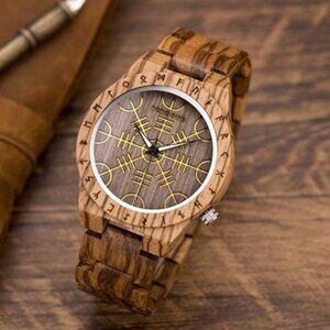Mens Brown Engraved Bamboo Wood Luxury Stylish Watch